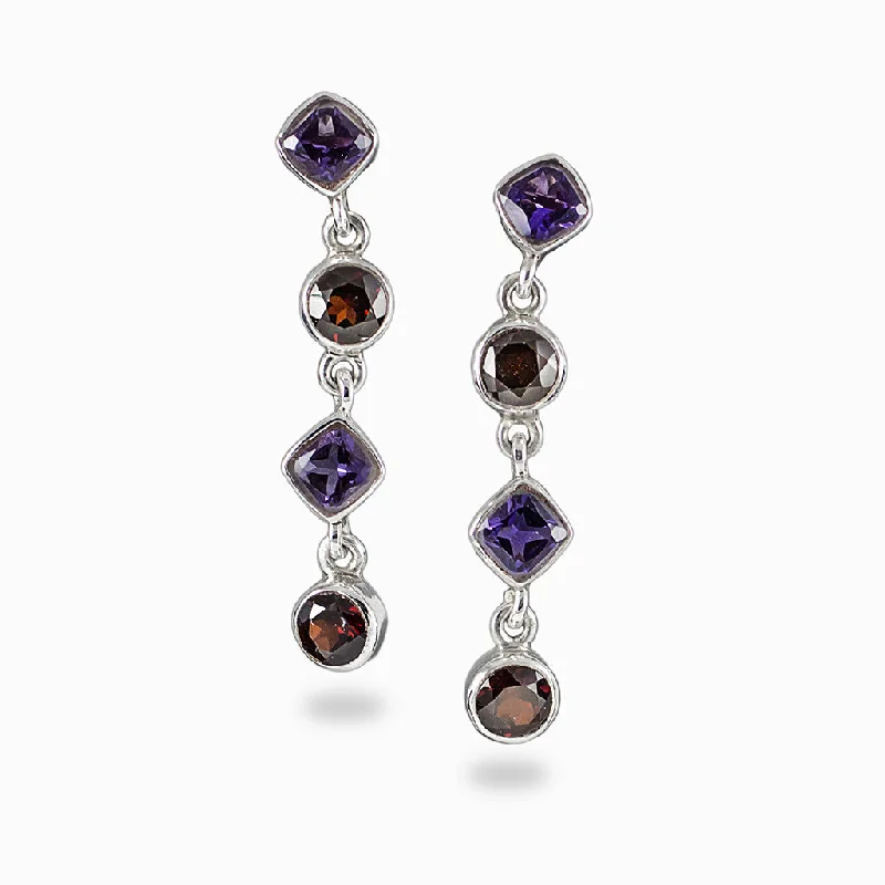 Spirit eye rings-Light wood earrings-Amethyst and Garnet Drop Earrings