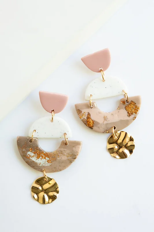 Thick cocktail rings-Bamboo style earrings-Stacie Clay Drop Earrings | Eclectic Art Deco Earrings | Neutral Clay with Gold Leaf Details