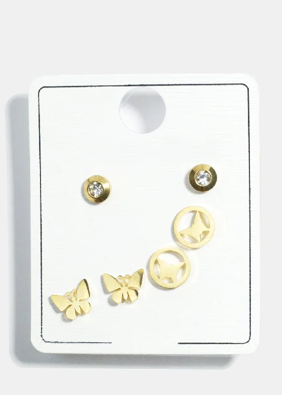 Agate rings-Stacked drop earrings-3 Pair Butterfly Stud Earring Set