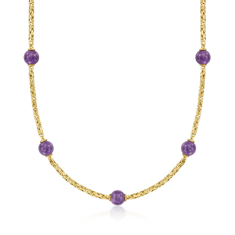 Cosmic charm necklaces-Ross-Simons Amethyst Bead Byzantine Station Necklace in 18kt Gold Over Sterling