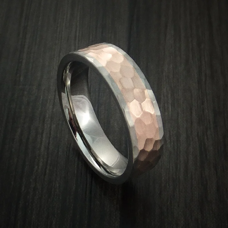 Titanium Men's Ring Hammer Style with 14k Rose Gold Inlay Wedding Band