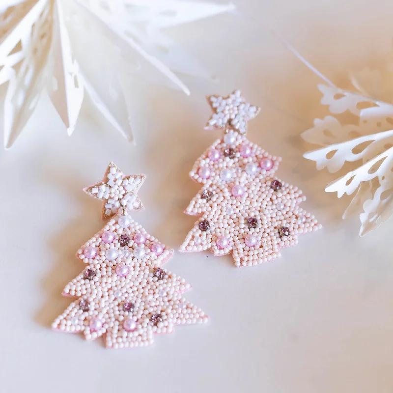 Bright druzy rings-Solid hoop earrings-Pastel Pink Christmas Tree Earrings