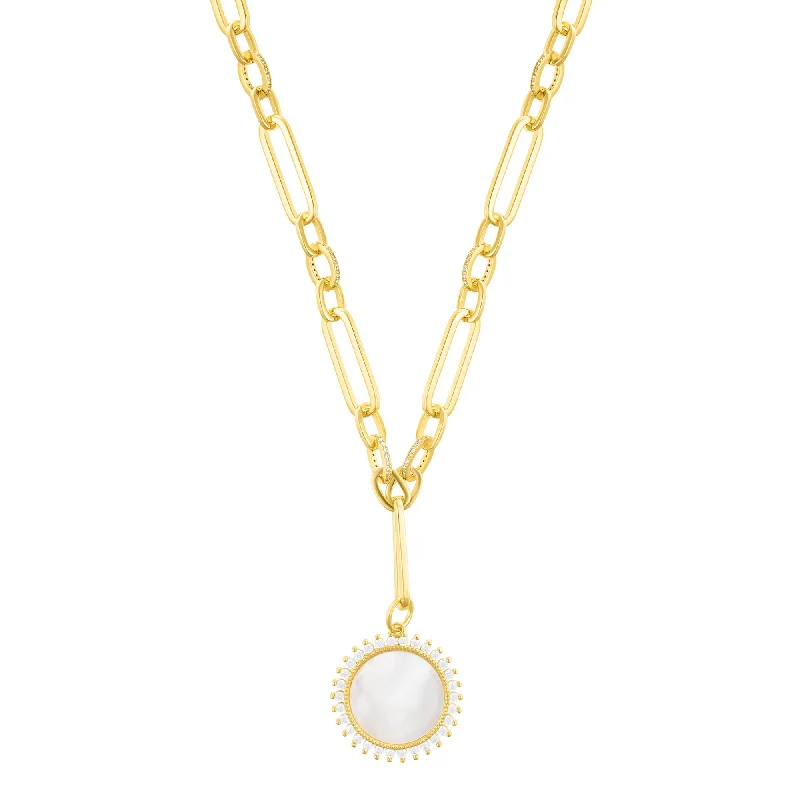 Half moon necklaces-14k Gold Plated Mother of Pearl CZ Halo Disc Mixed Link Y-Necklace