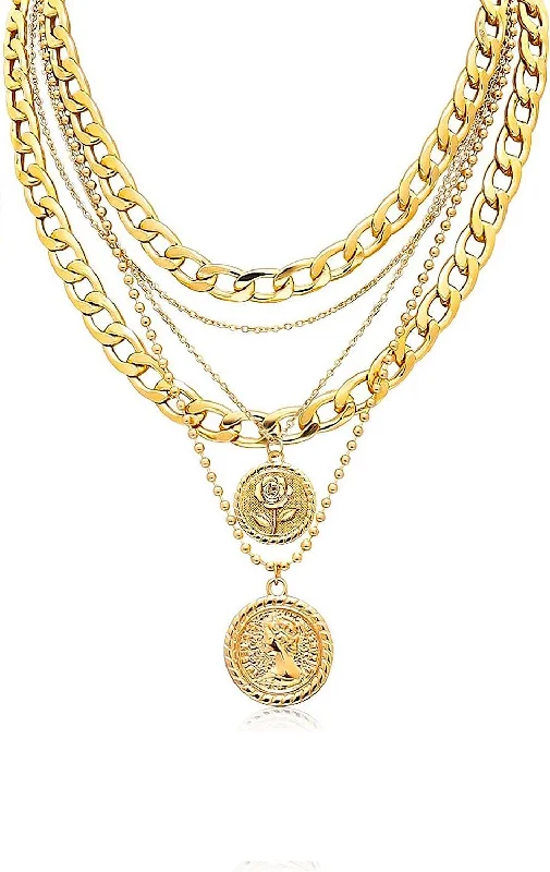 Lustrous pearl necklaces-18K Gold Multi Layer Coin Chain Necklace