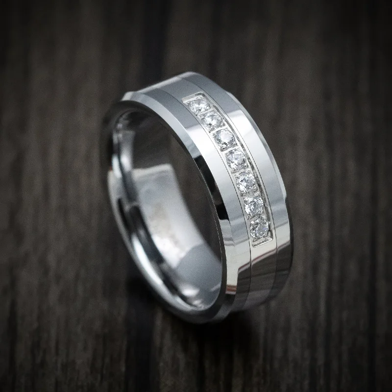 Tungsten Men's Ring with Round White Stone Inlay