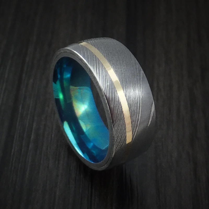 Damascus Steel Men's Ring with 14K Yellow Gold Inlay and Anodized Titanium Interior Sleeve Custom Made Band