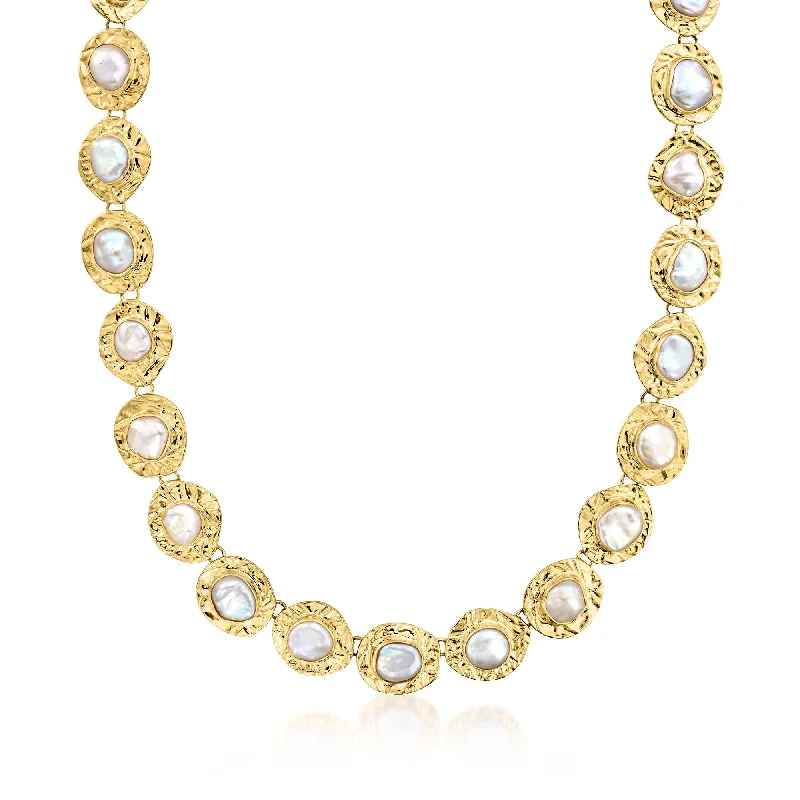 Snap clasp necklaces-Ross-Simons 10x12mm Bezel-Set Cultured Baroque Pearl Disc Necklace in 18kt Gold Over Sterling