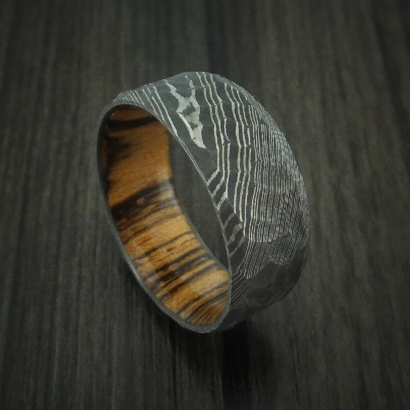 Damascus Steel Rock Hammer Men's Ring with Bocote Wood Sleeve Custom Made