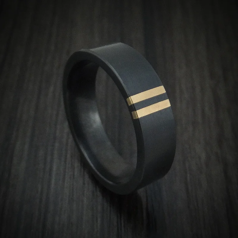 Black Zirconium Men's Ring with Double 14K Gold Inlays Custom Made