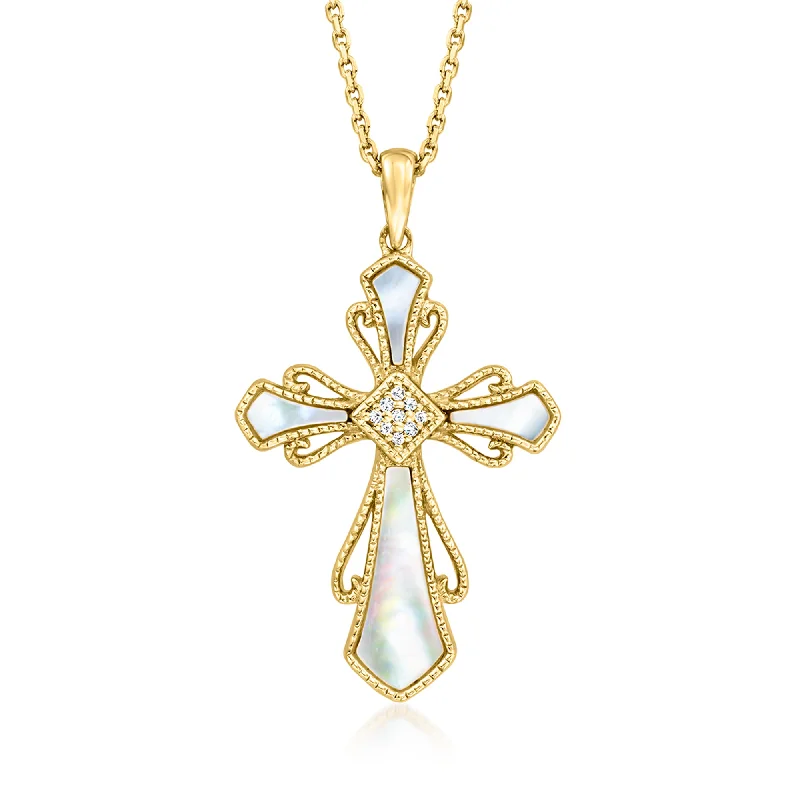 Cosmic charm necklaces-Ross-Simons Mother-Of-Pearl Cross Pendant Necklace With Diamond Accents in 18kt Gold Over Sterling