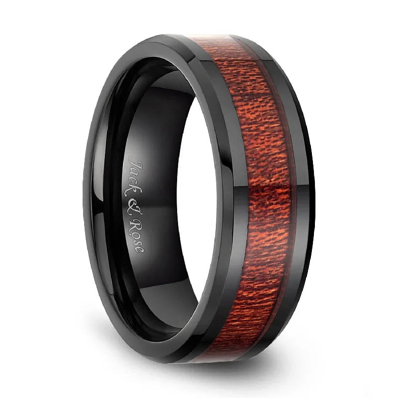 Mens Ceramic Rings Mahogany Wood Inlay Antique Style