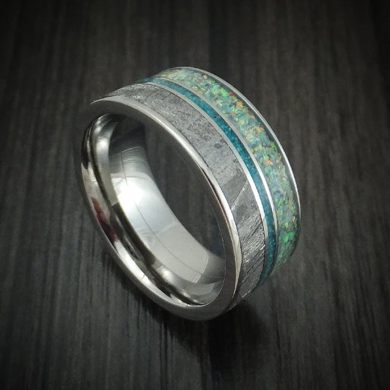 Titanium Opal And Gibeon Meteorite Men's Ring With Turquoise Inlay Custom Made Band