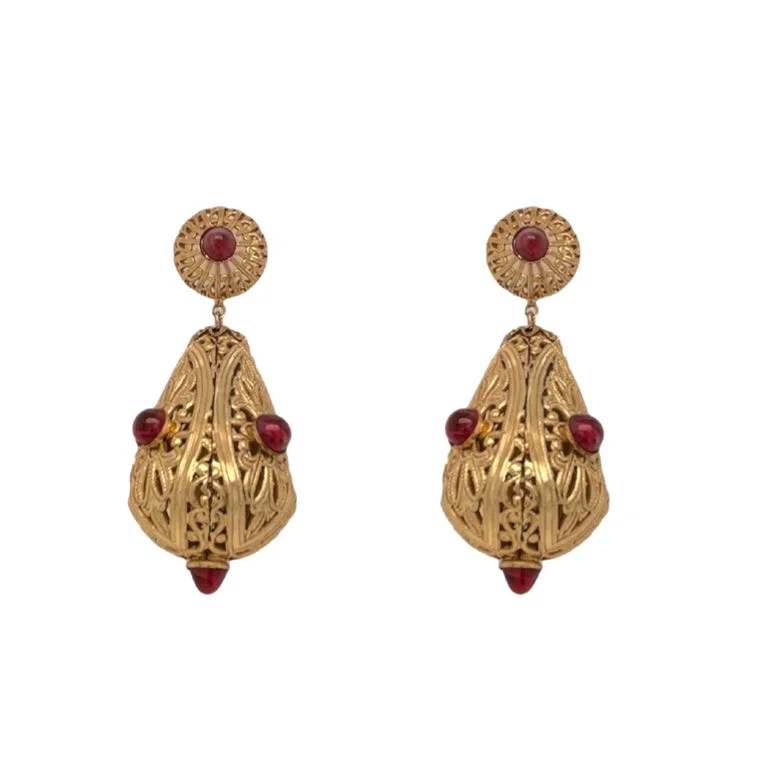 Hawk feather earrings-Ruby earrings-Filigree Drops