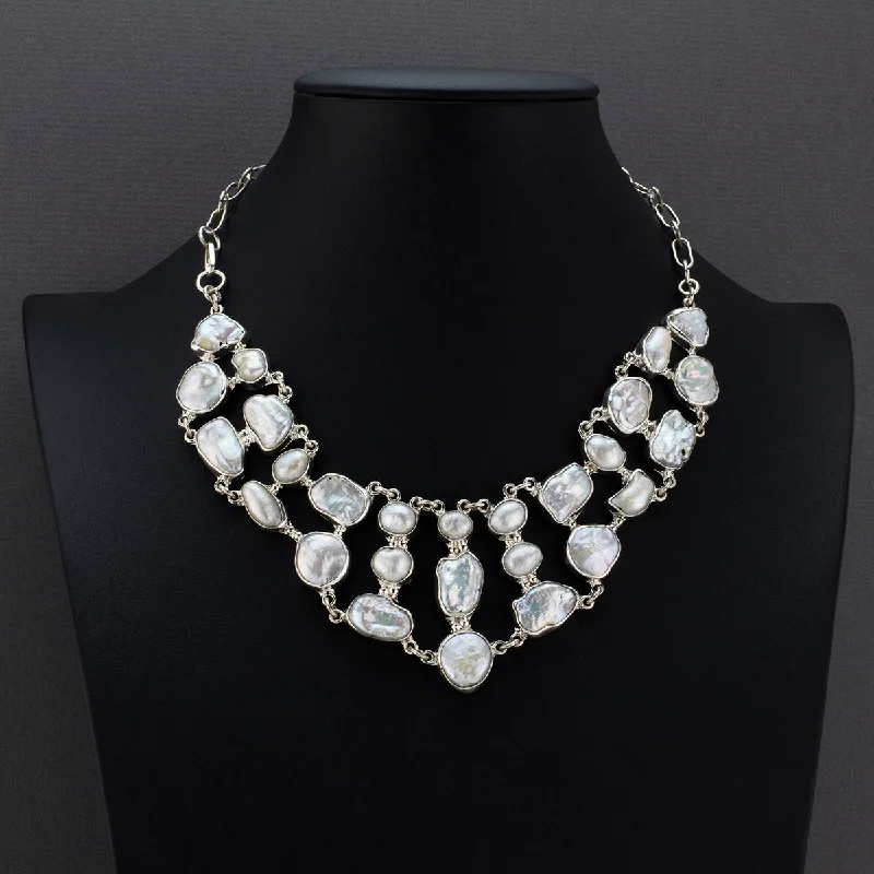 Shiny crystal necklaces-Large Biwa Pearl Statement Bib Necklace