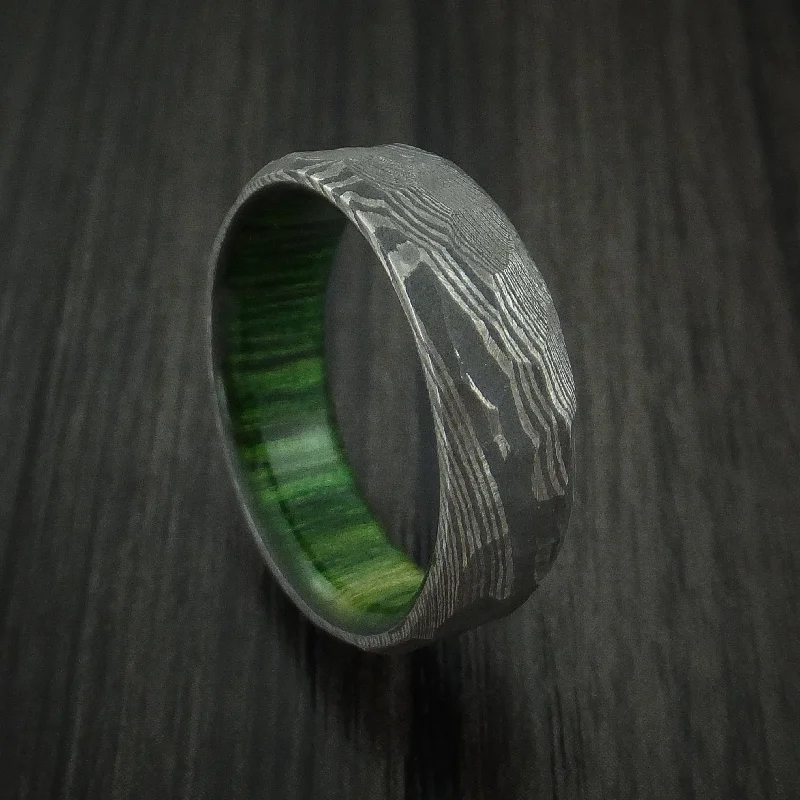 Damascus Steel Rock Hammer Men's Ring with Jade Wood Sleeve Custom Made