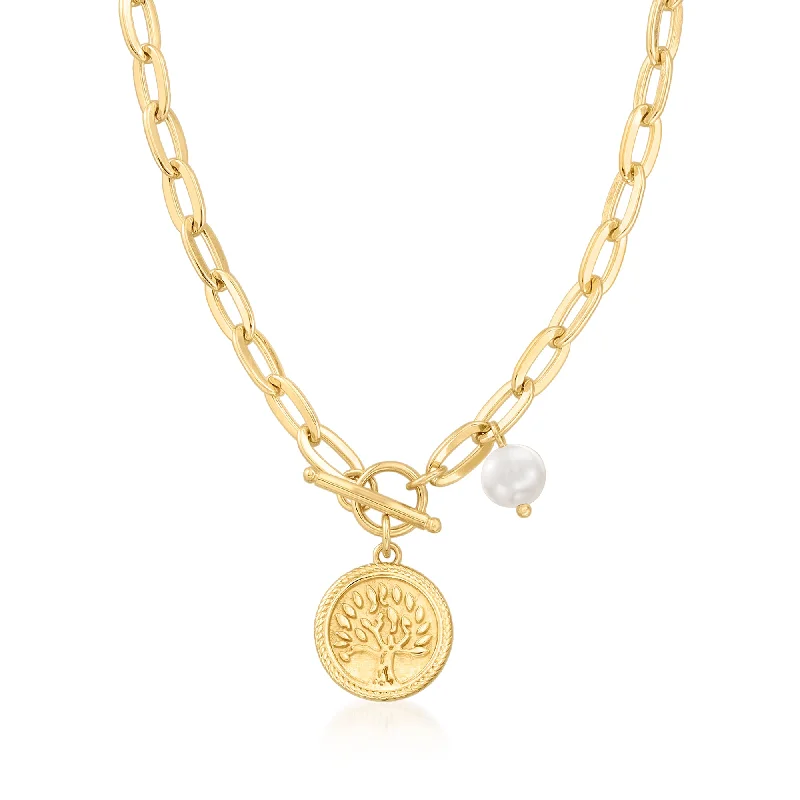 Full bib necklaces-Ross-Simons 18kt Gold Over Sterling Tree Of Life Coin Necklace With 7mm Cultured Pearl