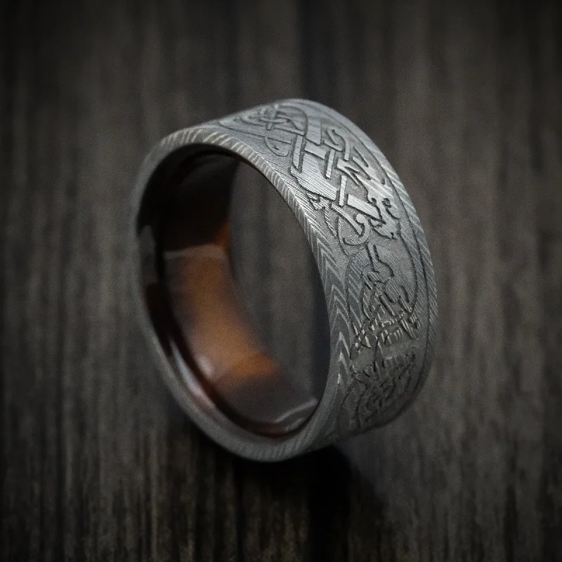 Damascus Steel Celtic Dragon Men's Ring with Wood Sleeve