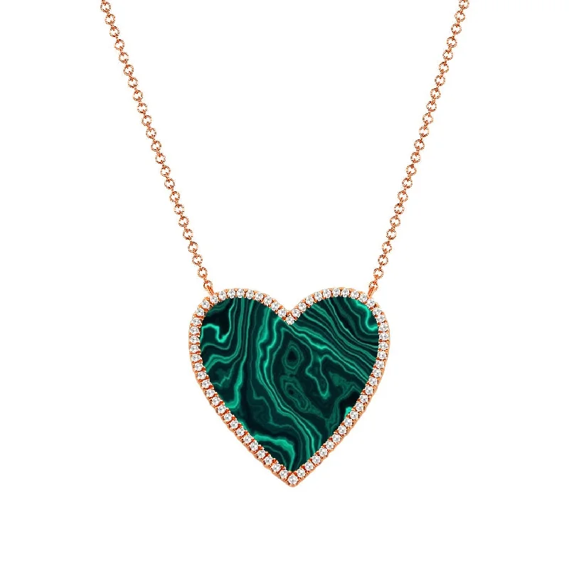 Oval gem necklaces-14k Gold Diamond & Malachite Heart Necklace