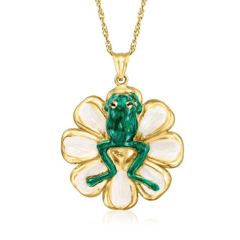 Clean-line necklaces-Ross-Simons Italian Multicolored Enamel Frog On A Flower Pendant Necklace in 18kt Gold Over Sterling