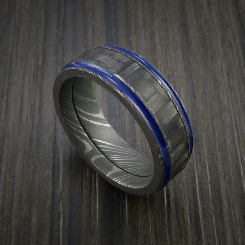 Damascus Steel Men's Ring with Carbon Fiber and Cerakote Inlays Custom Made Wedding Band