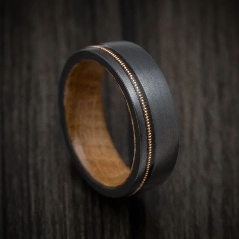 Black Zirconium Guitar String Men's Ring With Whiskey Barrel Hardwood Sleeve Custom Made Band