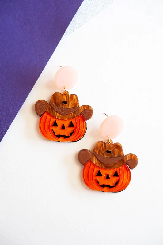 Coiled wire earrings-Bead weave earrings-Halloween Cowboy Pumpkin Earrings | Western Jack o' Lantern Dangle Earrings | Autumn Cowgirl Jewelry