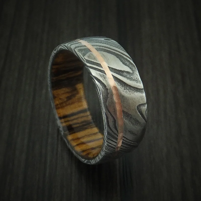 Kuro Damascus Steel Men's Ring with 14K Rose Gold Inlay and Bocote Hardwood Sleeve Custom Made Wood Band