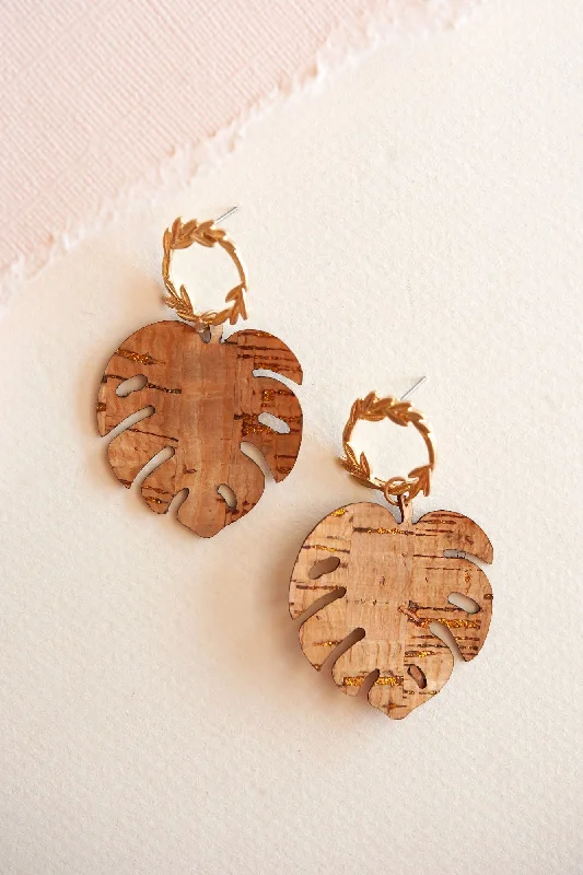 Half moon rings-Soft cord earrings-Cam Monstera Gold Cork Dangle | Cork Leather Leaf Earring