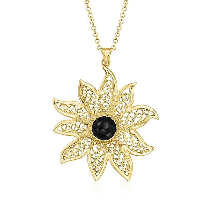 Tahitian pearl necklaces-Ross-Simons Onyx Filigree Flower Pendant Necklace in 18kt Gold Over Sterling