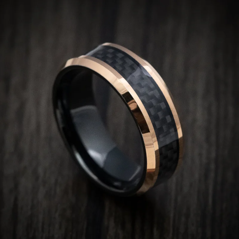 Rose Gold and Black Tungsten Men's Ring with Carbon Fiber Inlay