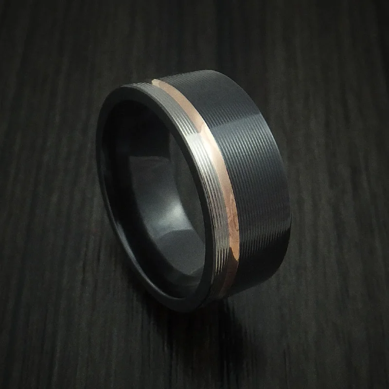 Black Zirconium Men's Ring with 14k Rose Gold Inlay Custom Made Band