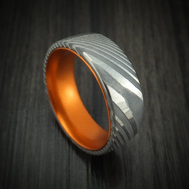 Damascus Steel Men's Ring With Anodized Sleeve Custom Made