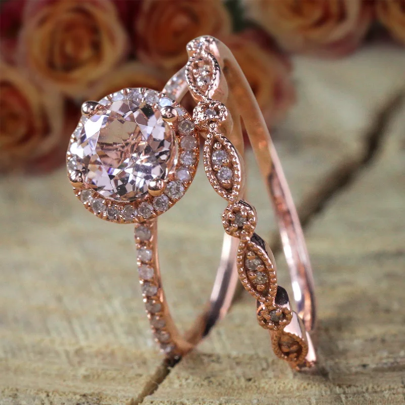 Antique Vintage Design 1.50 Carat Round Morganite And Diamond Moissanite Halo Bridal Wedding Ring Set in 10k Rose Gold