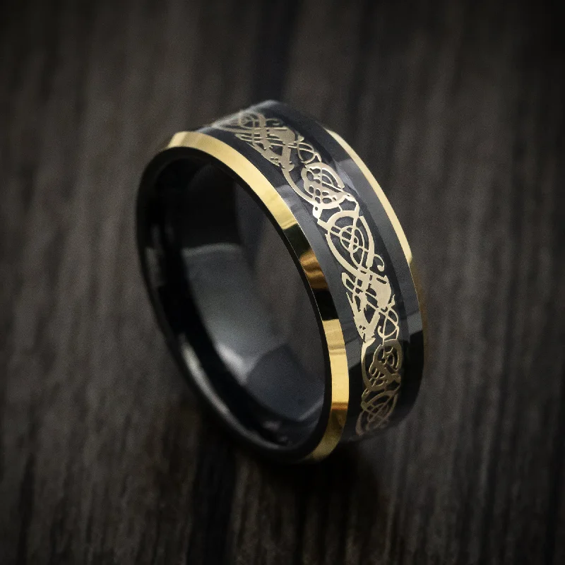 Black Tungsten Men's Ring with Gold Dragon Inlay