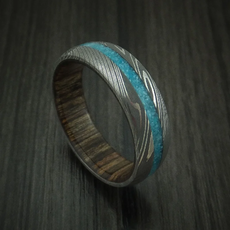 Damascus Steel and Turquoise Band with Wood Sleeve Custom Made Men's Ring