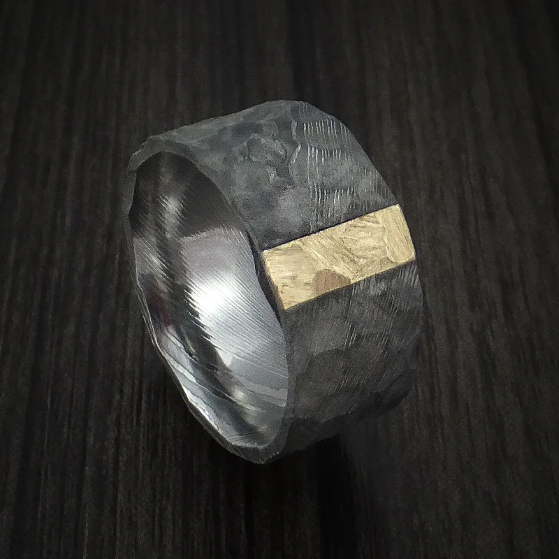 Damascus Steel Wide Men's Ring with Hammer Finish and Vertical 14k Yellow Gold Inlay Custom Made Band