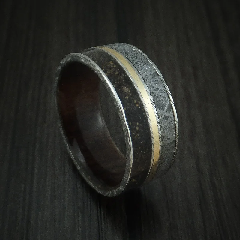 Kuro Damascus Steel Mixed Dinosaur Bone And Gibeon Meteorite Men's Ring With Wood Sleeve And 14K Yellow Gold Inlay Custom Made Fossil Band