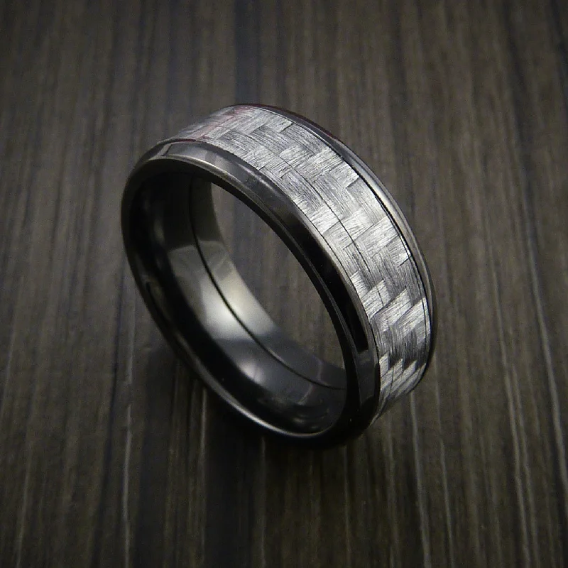 Black Titanium Men's Ring with Silver Texalium Carbon Fiber Inlay Custom Made Wedding Band