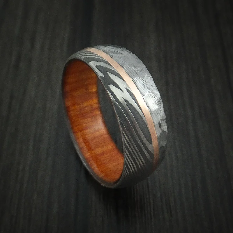 Damascus Steel and Angled 14k Rose Gold Men's Ring with Rock Hammer Finish and Osage Orange Wood Sleeve Custom Made Band