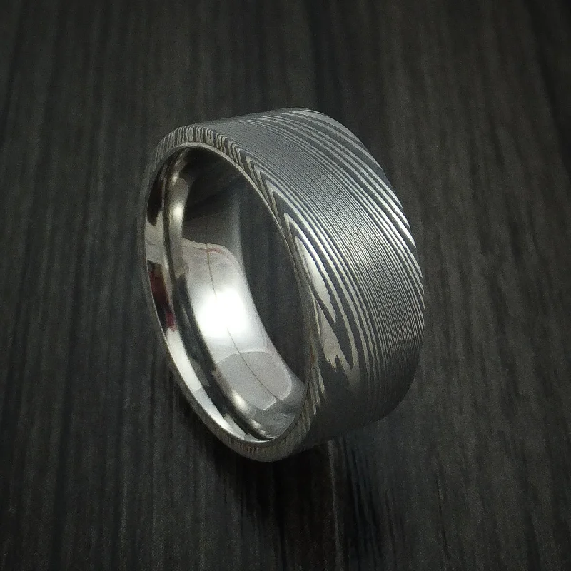 Damascus Steel Men's Ring with Titanium Sleeve Custom Made Band