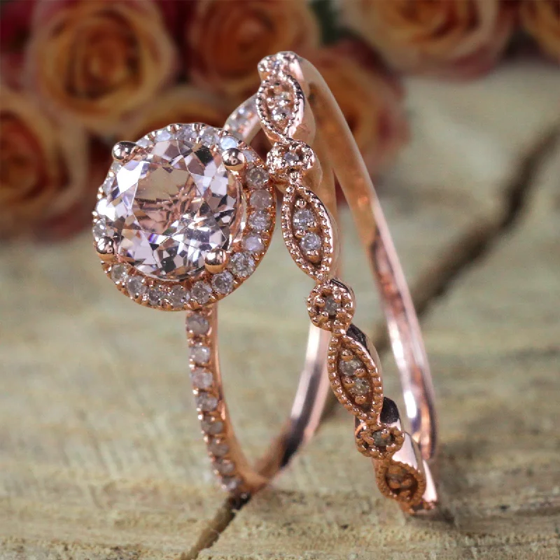 Sale Antique Vintage Design 2 Carat Round Morganite And Diamond Moissanite Halo Bridal Wedding Ring Set in 10k Rose Gold