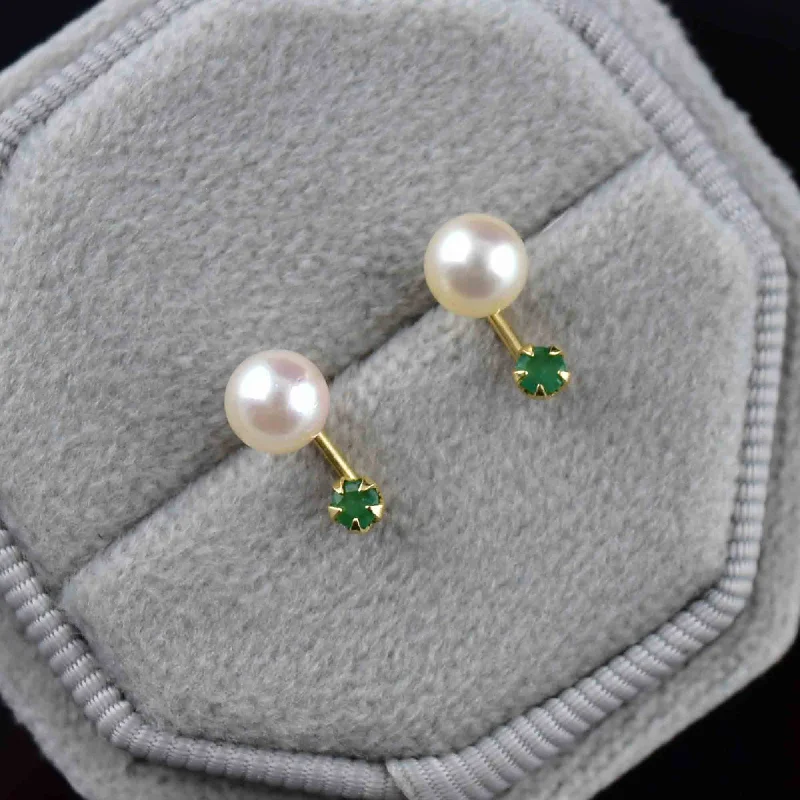 Sapphire rings-Light clay earrings-Vintage 14K Gold Emerald Pearl Stud Earrings