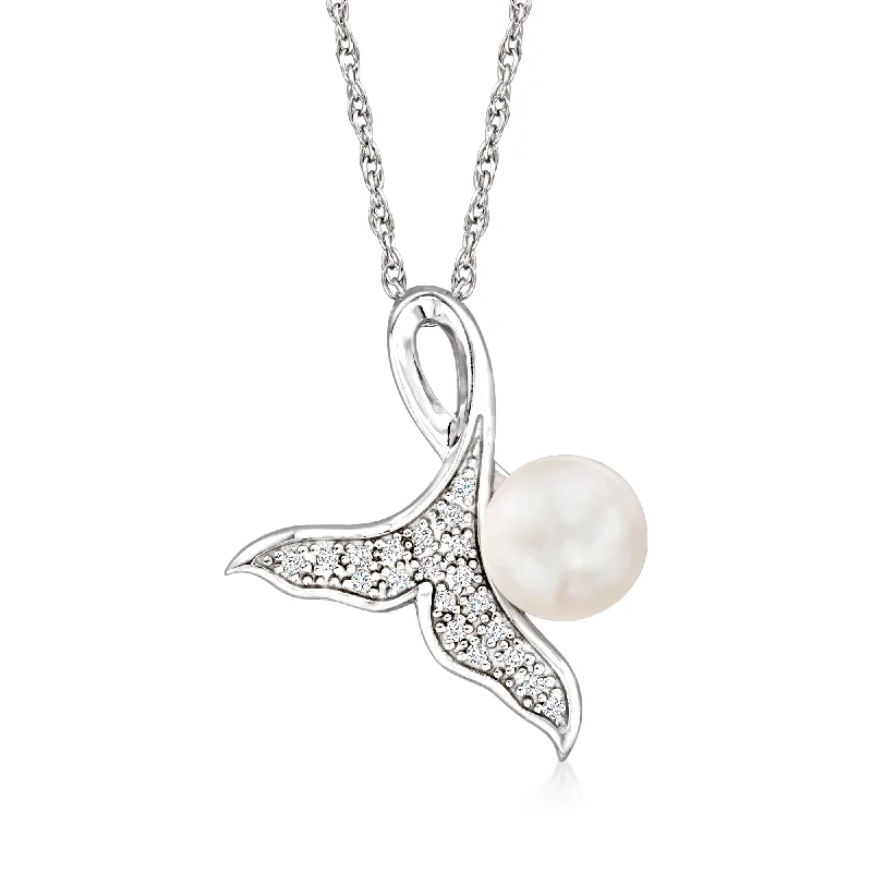 Fine diamond necklaces-Ross-Simons 7-7.5mm Cultured Pearl and . Diamond Whale Tail Pendant Necklace in Sterling Silver