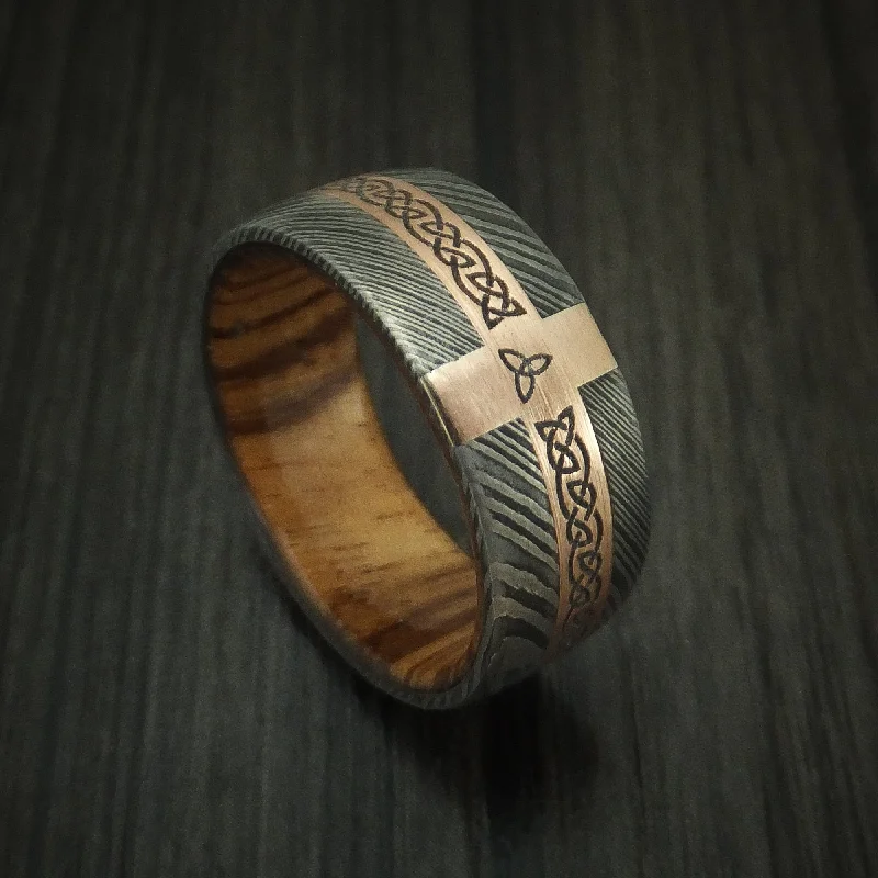 Damascus Steel Celtic Men's Ring With 14K Rose Gold and Hardwood Sleeve Custom Made