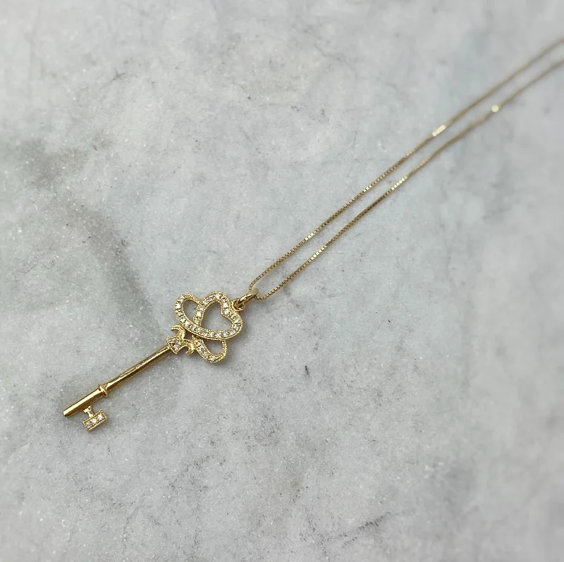 Tide pattern necklaces-Pave Diamond & 14K Yellow Gold Key Pendant Necklace