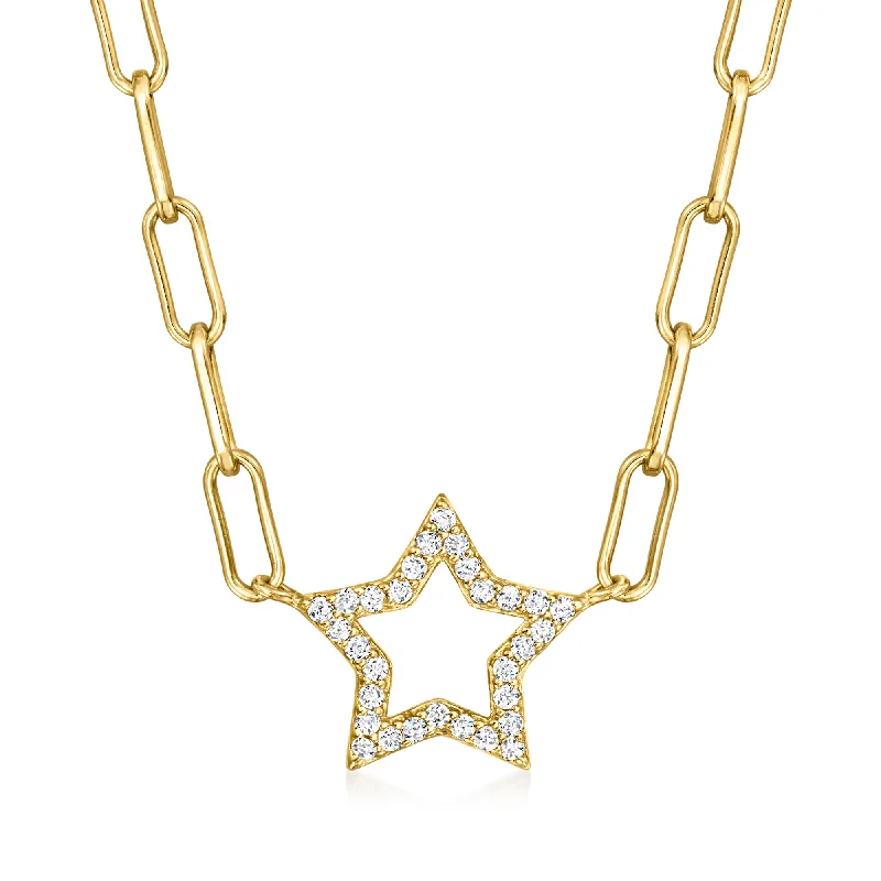 Hawk feather necklaces-Ross-Simons CZ Star Paper Clip Link Necklace in 18kt Gold Over Sterling