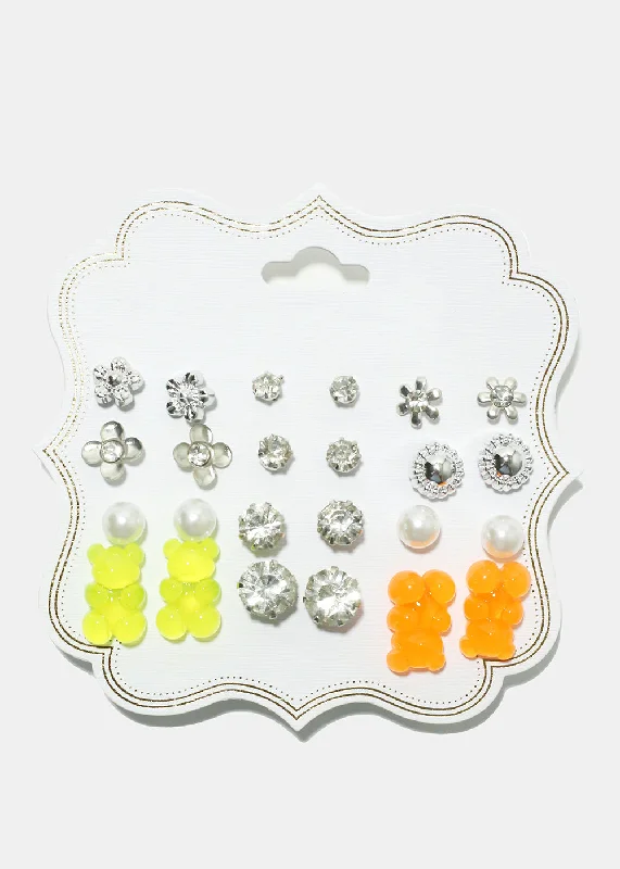 Polished art earrings-Fine bead earrings-12-Pair Bear Earring Set