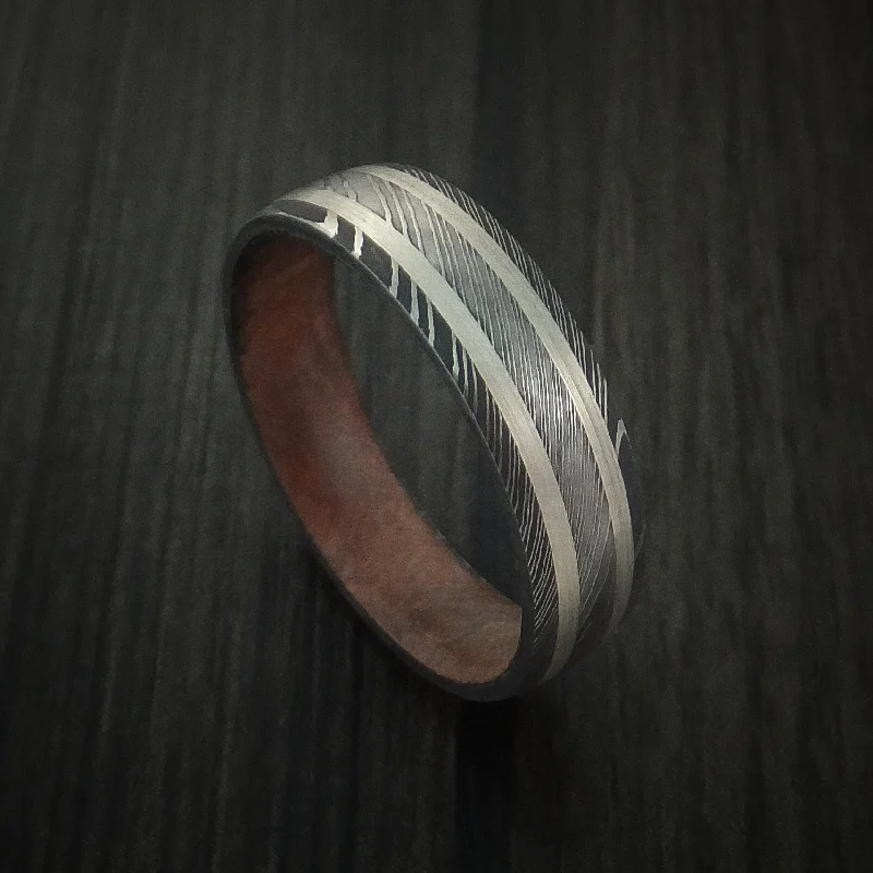 Damascus Steel Men's Ring with Silver Inlays and Hard Wood Sleeve