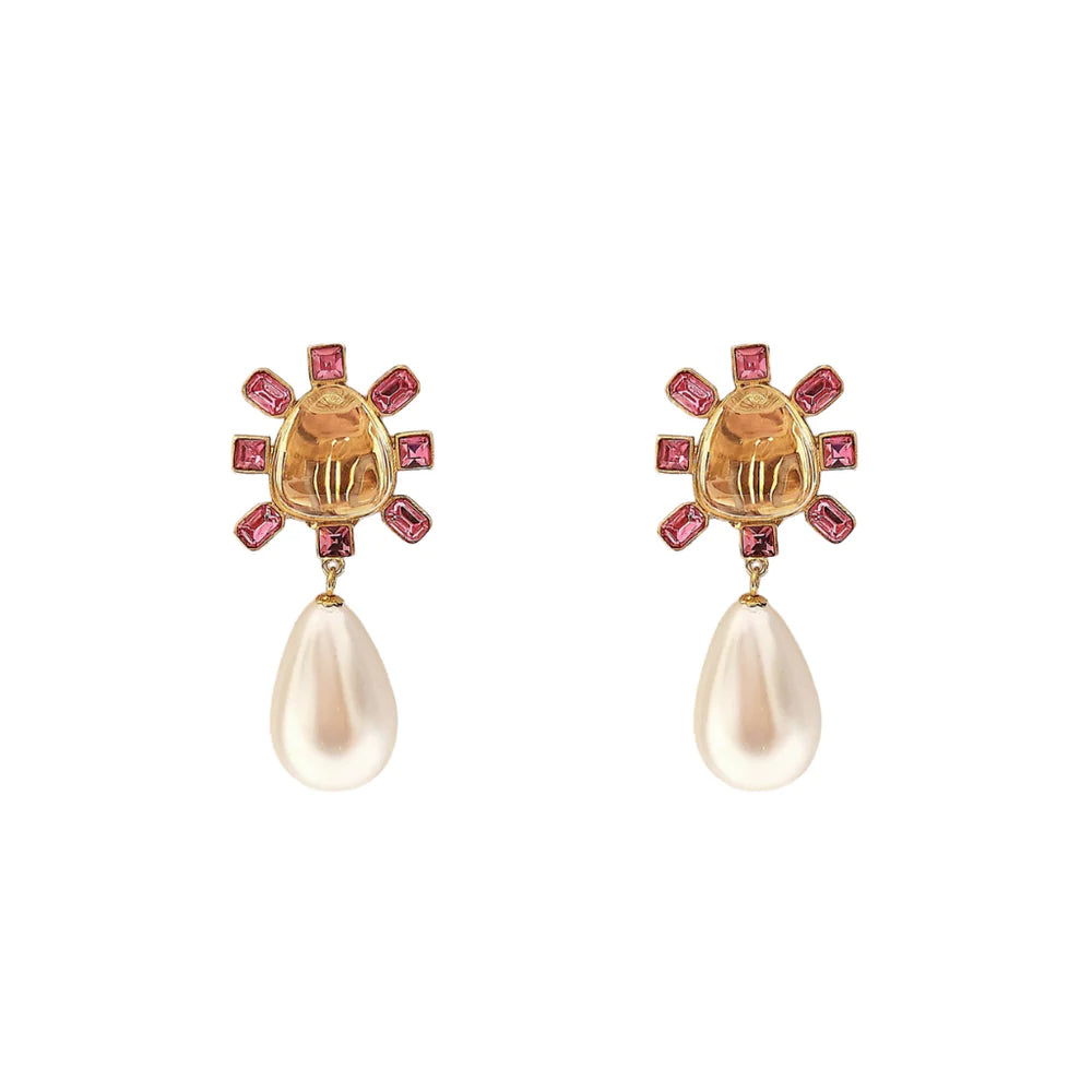 Oval gem rings-Gem-woven earrings-Pearl Drop Clip Earring