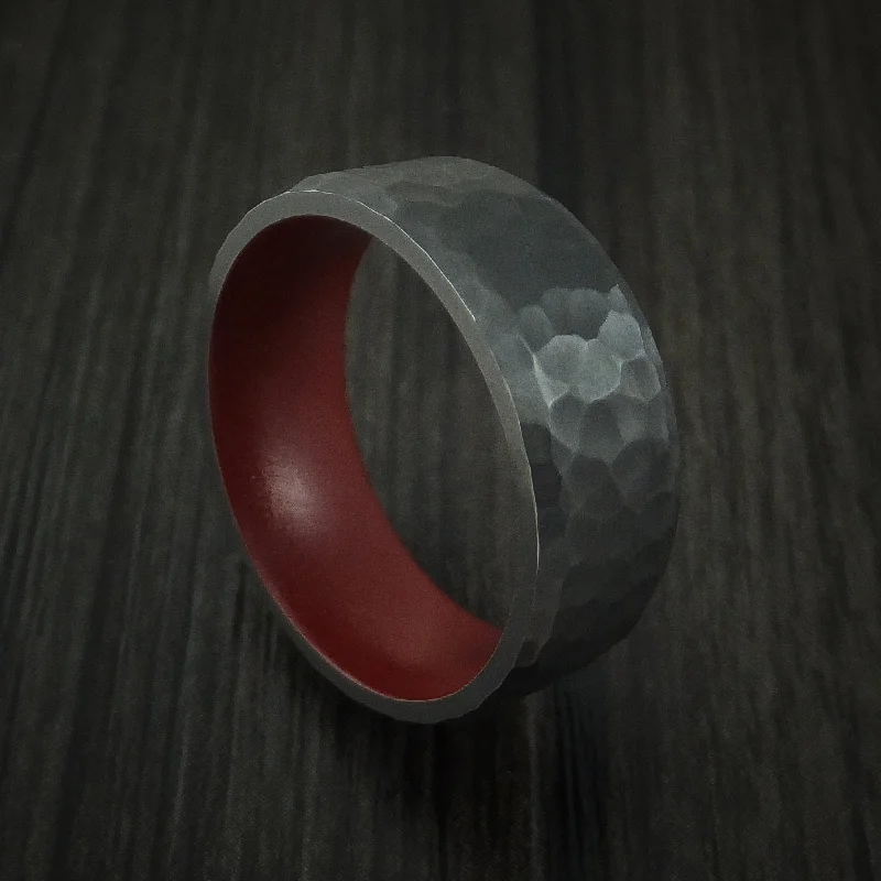 Black Zirconium Men's Ring with Crimson Red Cerakote Sleeve Custom Made Band